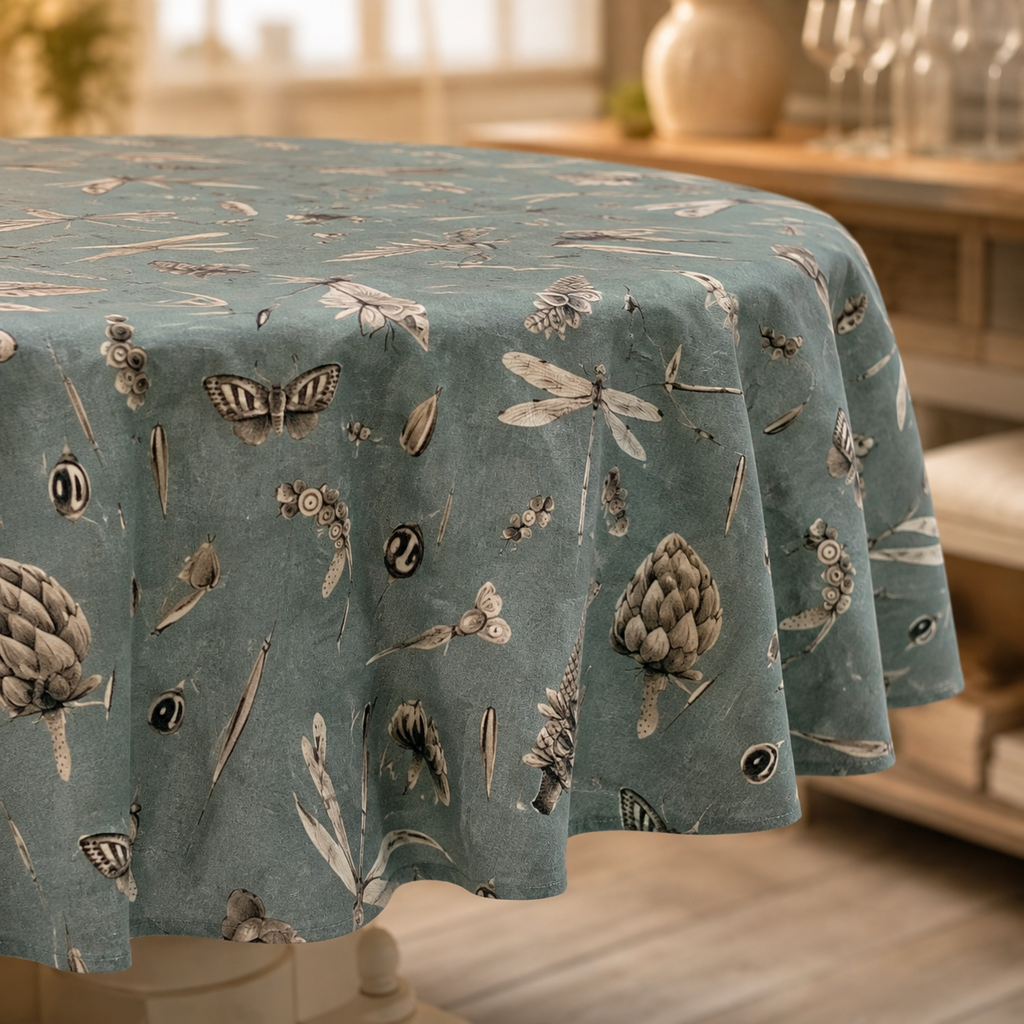 Runde Tischdecke Seeds Aqua aus Baumwolle – Detail von Stoff, Saum und Originalmuster