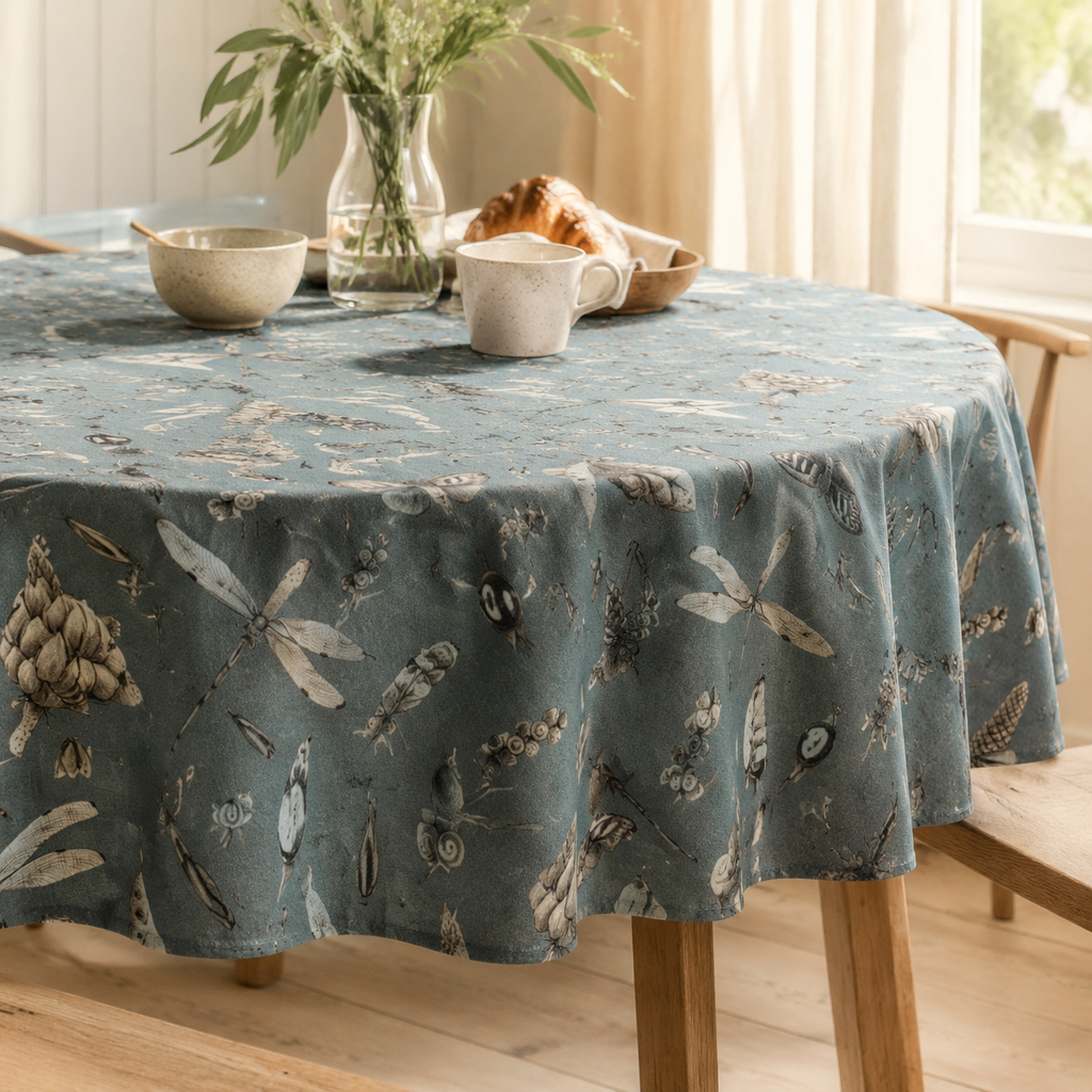 Runde Tischdecke Seeds Aqua aus Baumwolle – stilvolle Frühstückstafel im Tageslicht