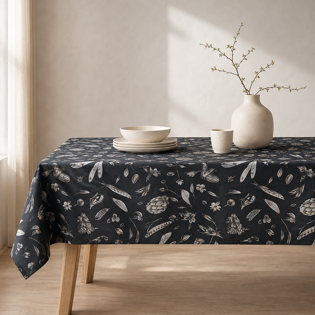 Tischdecke Seeds Carbon aus 100 % Baumwolle – Premium Hauptbild im eleganten Esszimmer