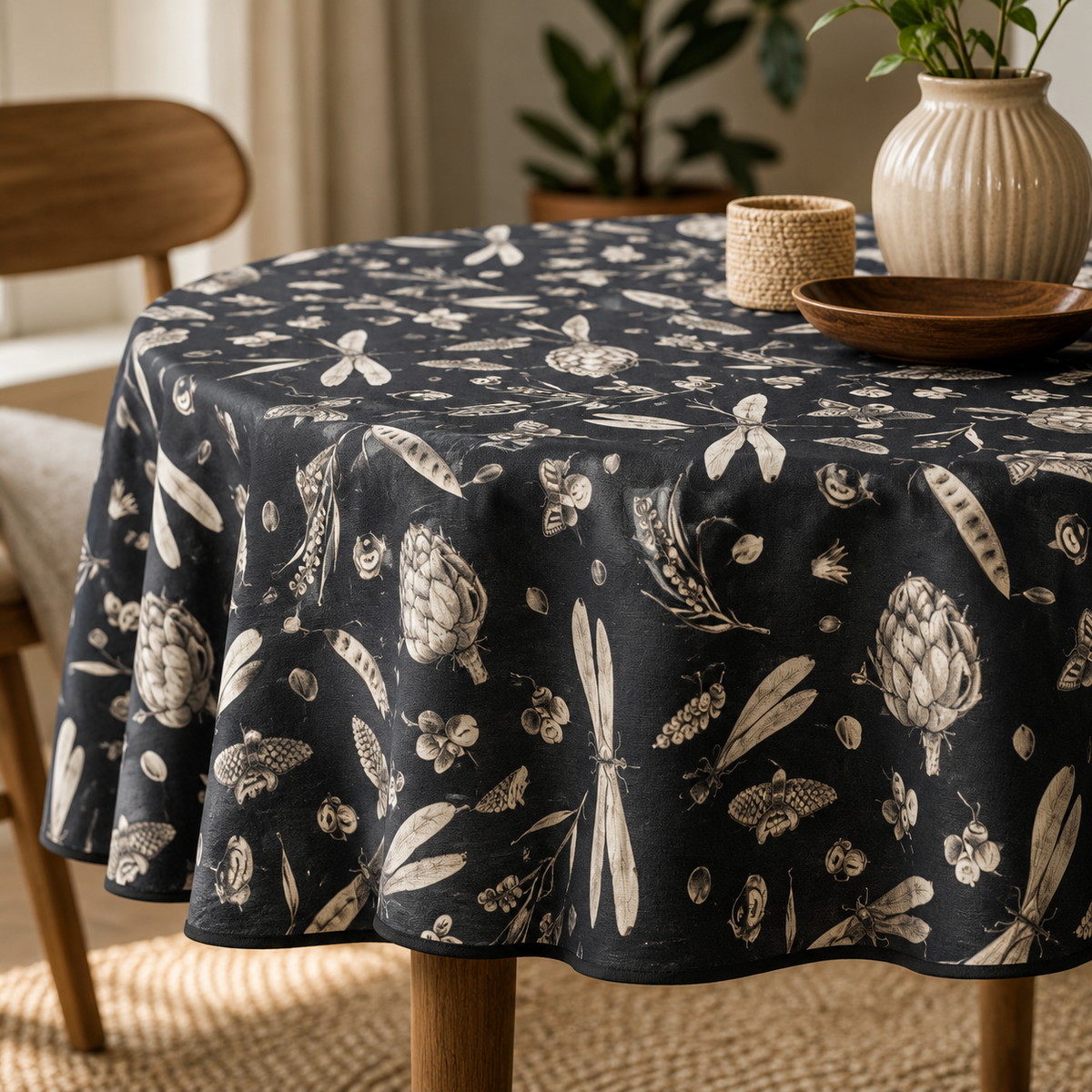 Runde Tischdecke Seeds Carbon aus Baumwolle – Detail von Stoff, Saum und Originalmuster