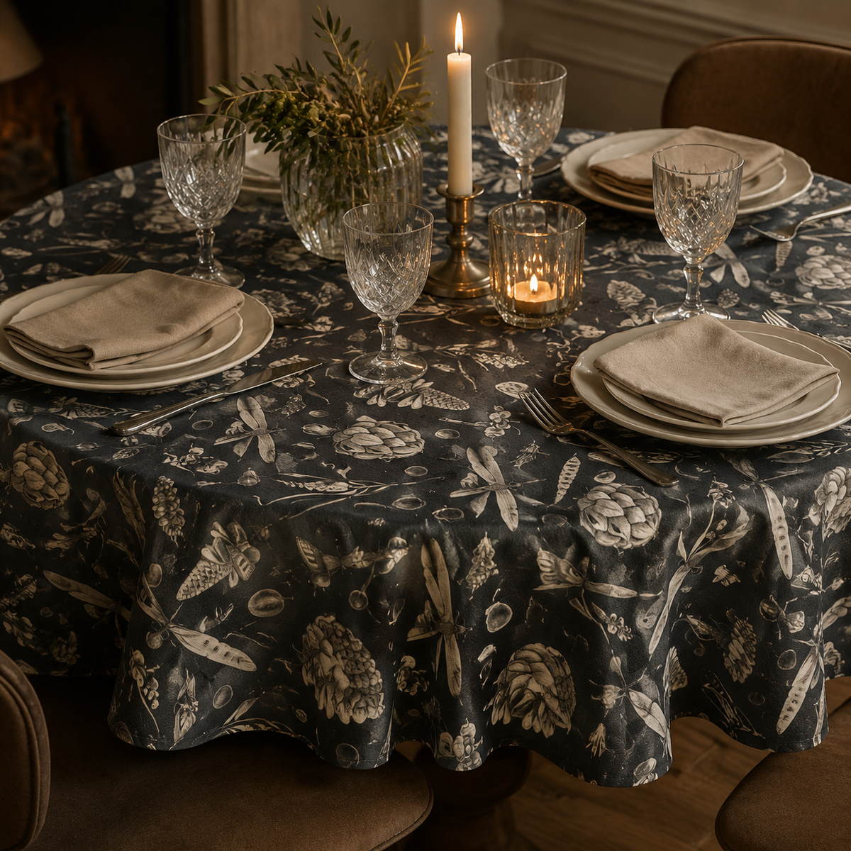 Runde Tischdecke Seeds Carbon aus Baumwolle – elegante Dinner-Atmosphäre