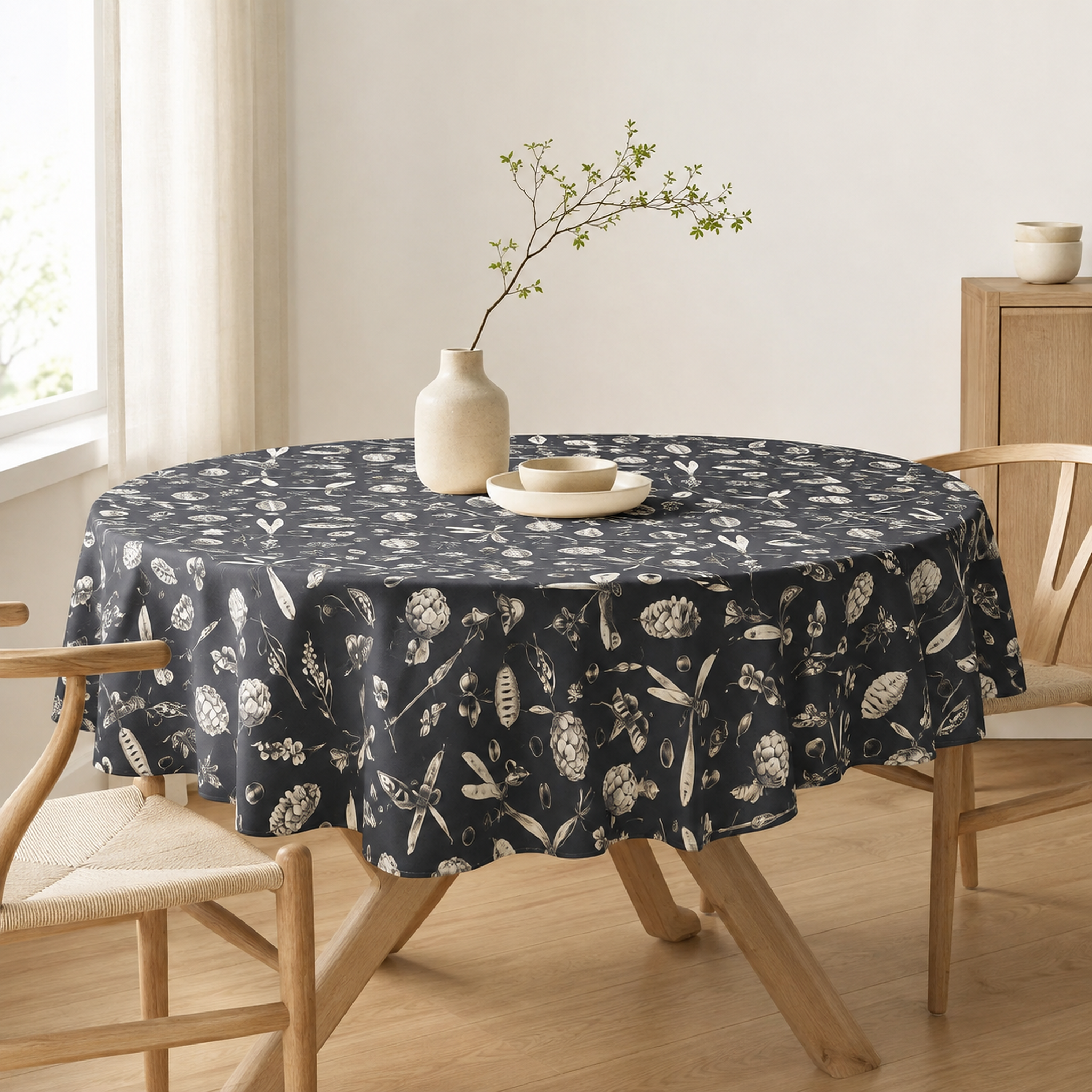 Runde Tischdecke Seeds Carbon aus Baumwolle – Premium Hauptbild im eleganten Esszimmer