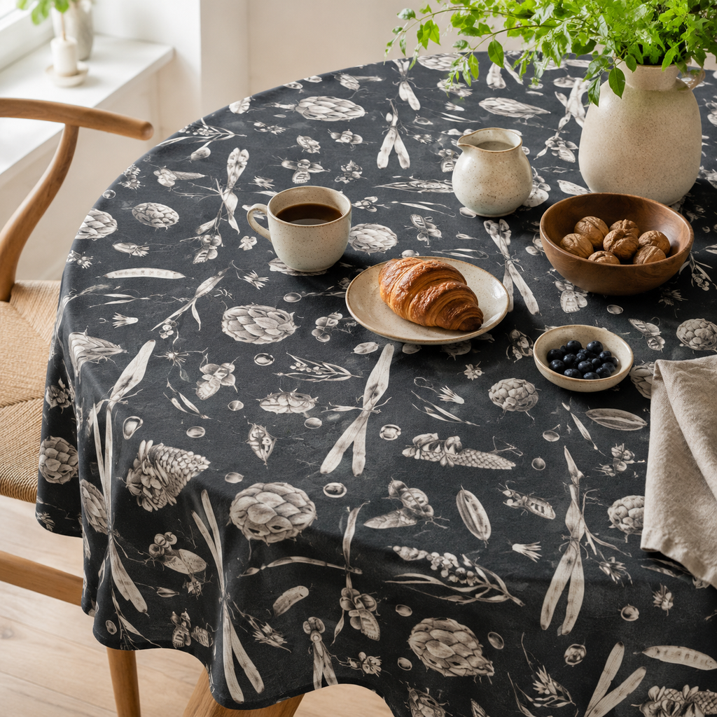 Runde Tischdecke Seeds Carbon aus Baumwolle – stilvolle Frühstückstafel im Tageslicht