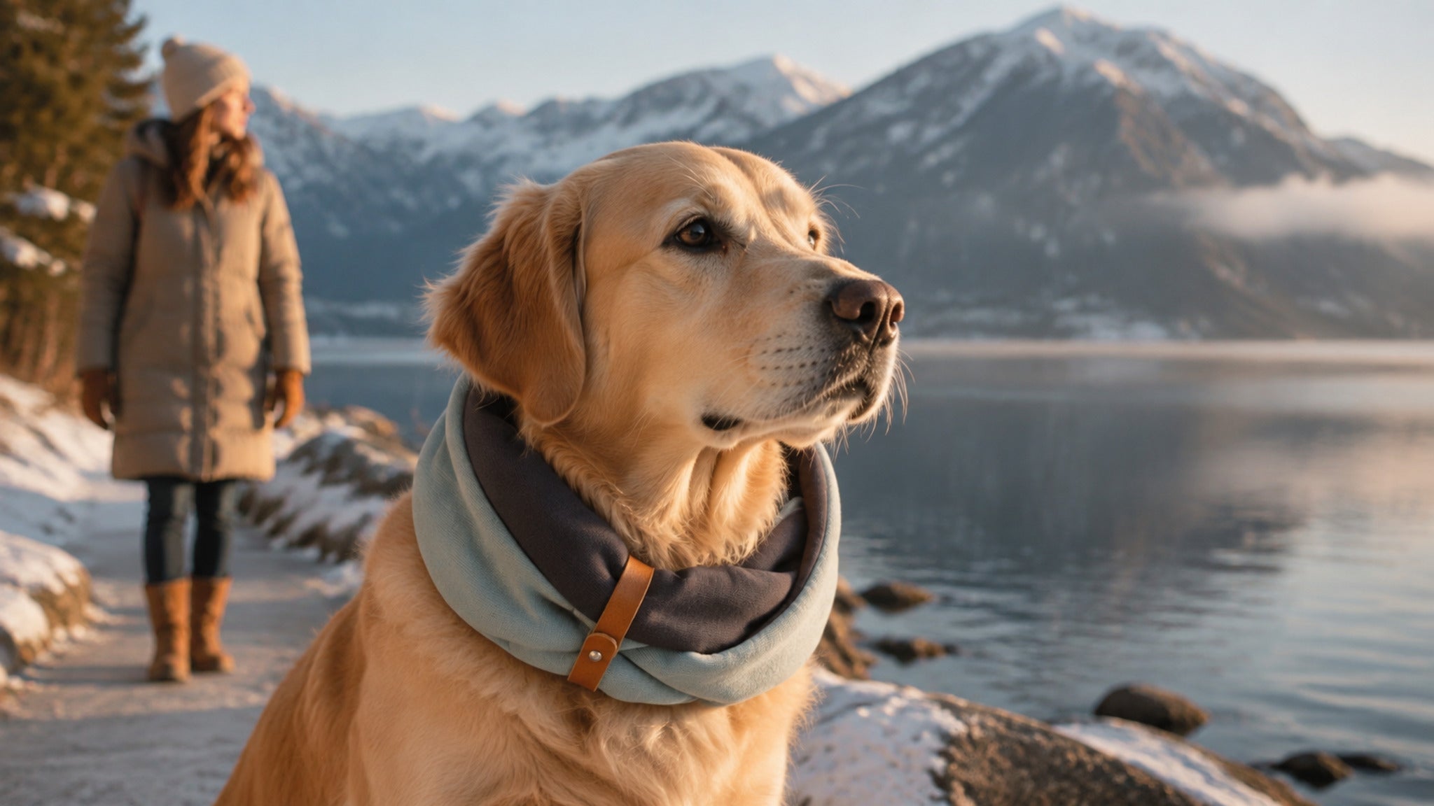 Simo Doppel-Halswärmer beim Winterspaziergang am See – 16:9