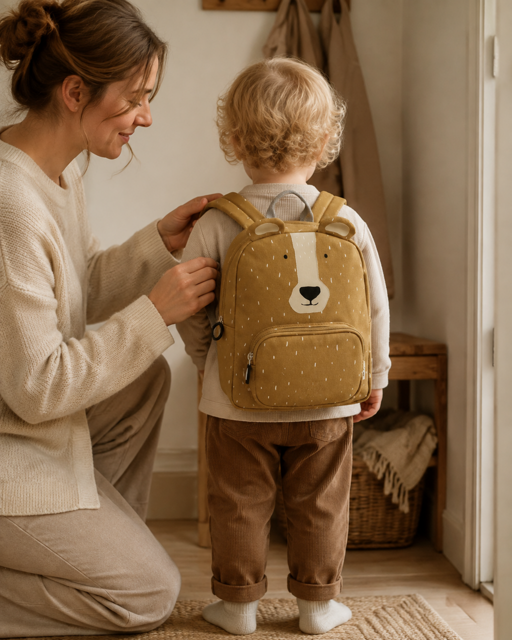 Mutter hilft Kleinkind mit Rucksack Mr. Bear