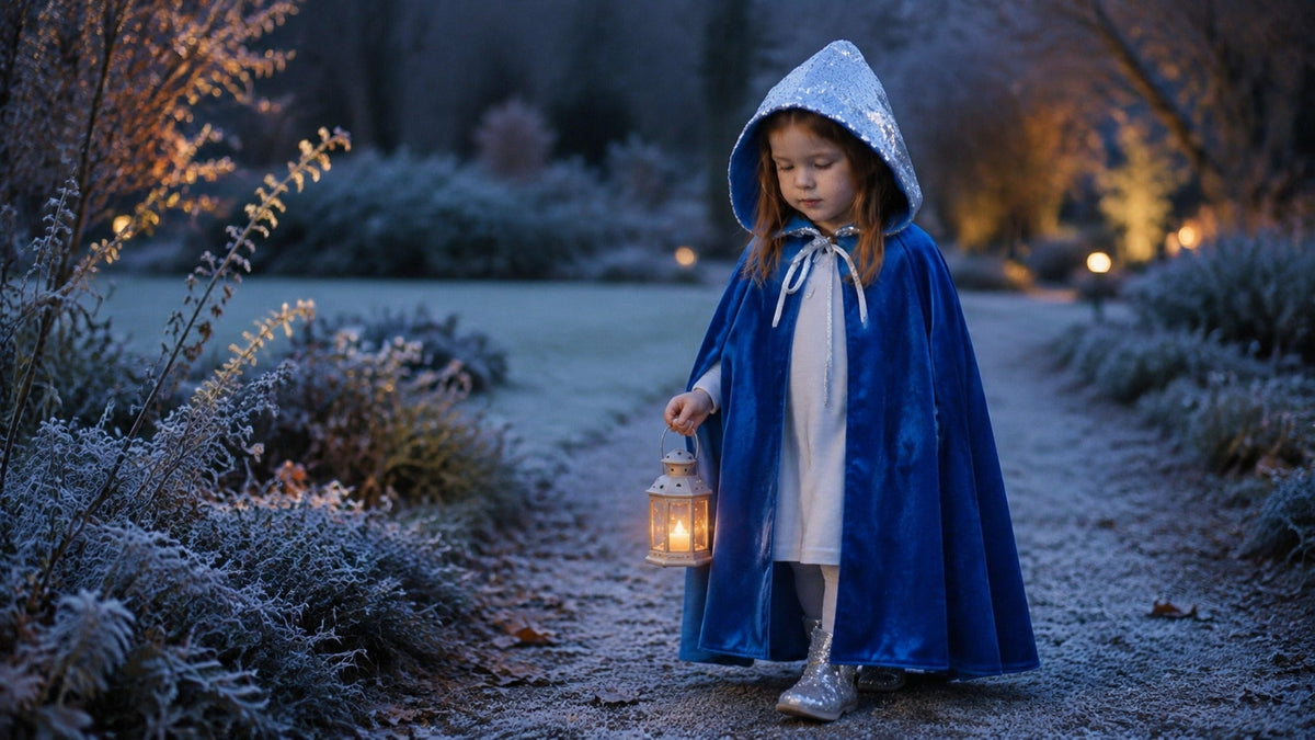Blauer Kinderumhang mit Laterne in einem frostigen Garten