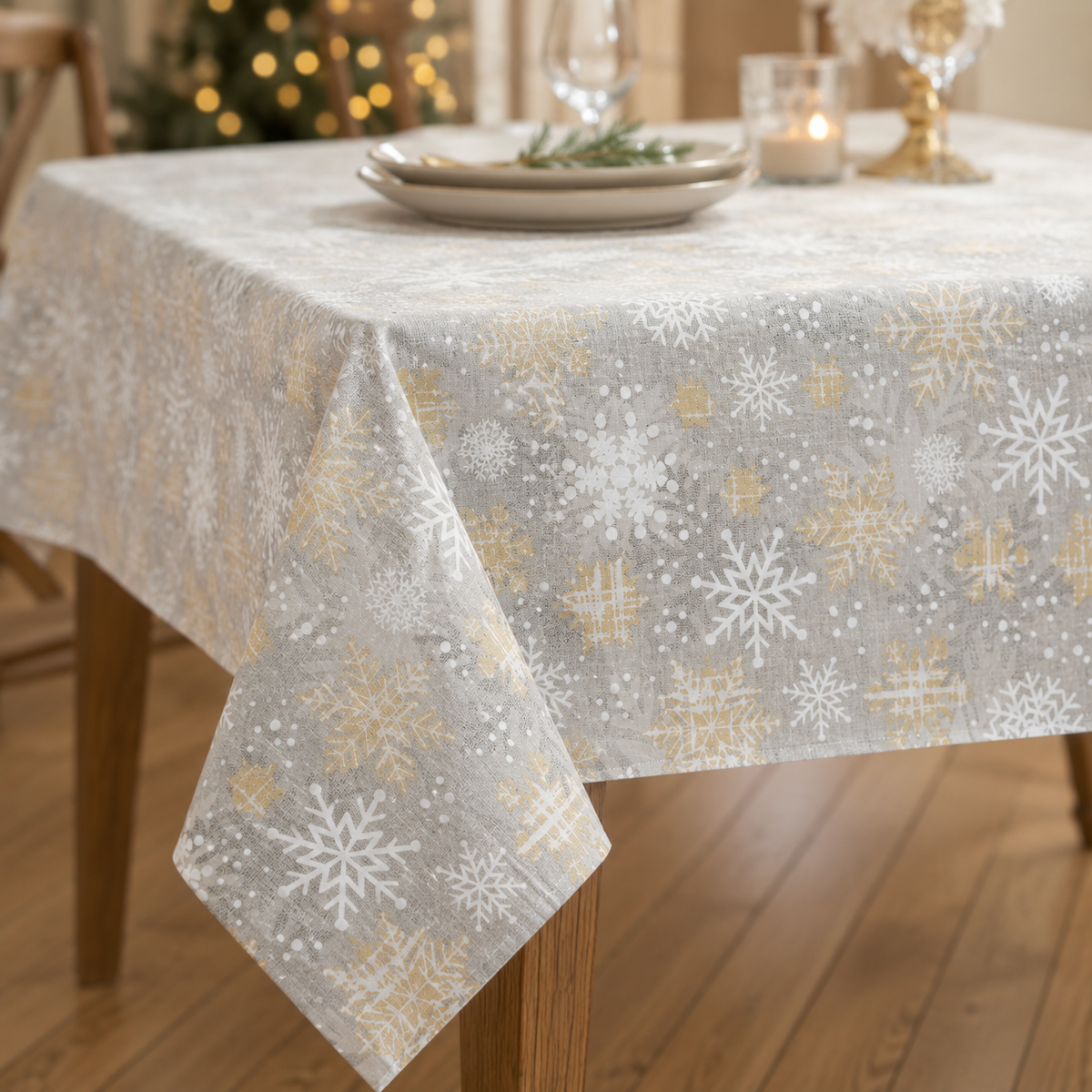 Tischdecke Snowflakes mit winterlichem Schneeflockenmotiv – Detail von Stoff, Saum und Originalmuster