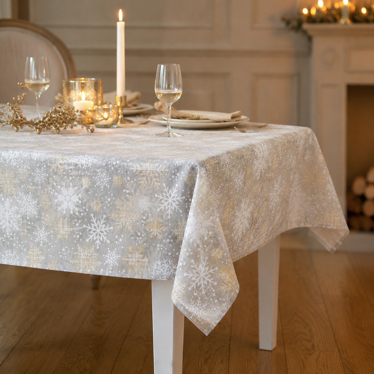 Tischdecke Snowflakes mit winterlichem Schneeflockenmotiv – elegante Dinner-Atmosphäre