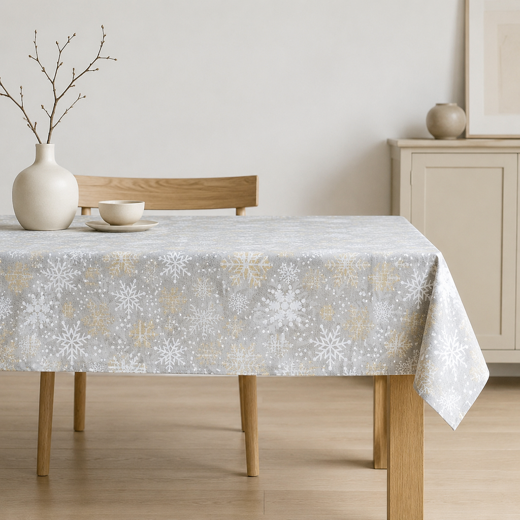 Tischdecke Snowflakes mit winterlichem Schneeflockenmotiv – Premium Hauptbild im eleganten Esszimmer