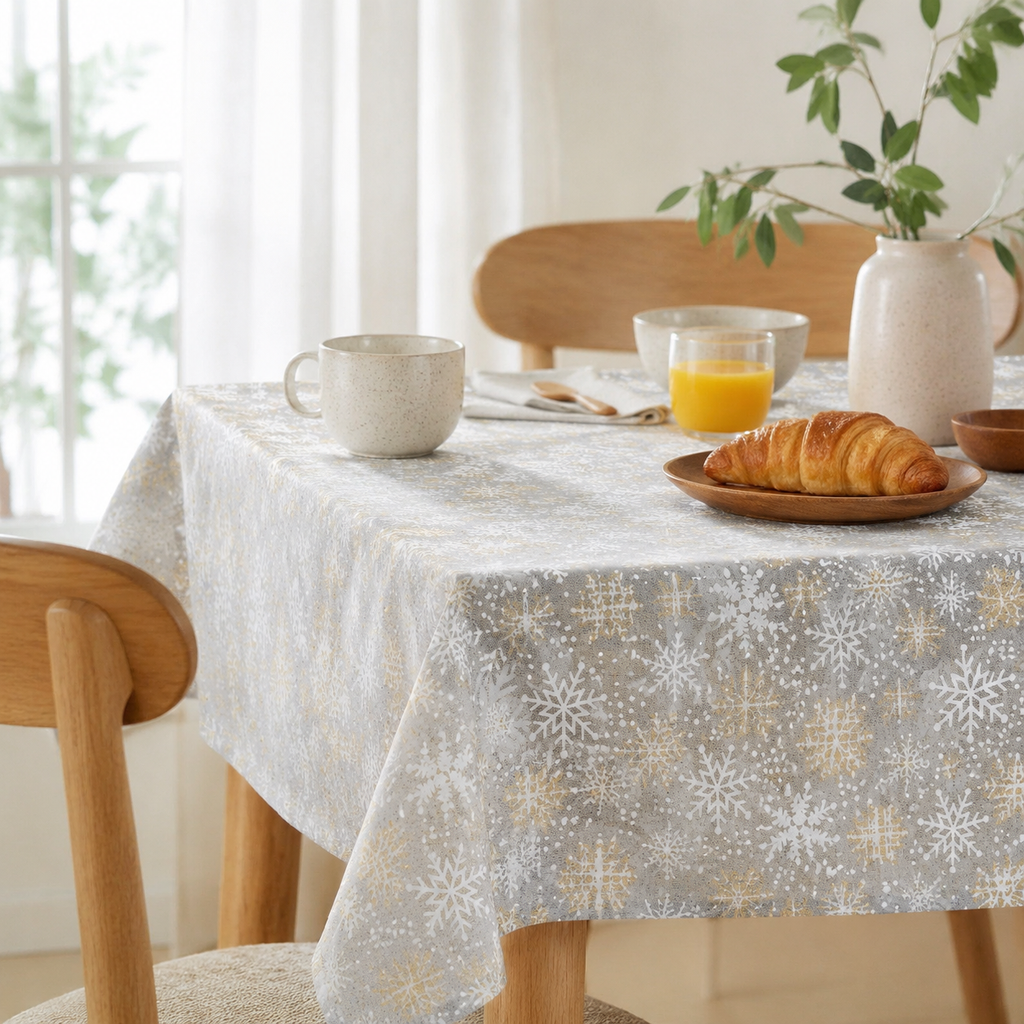 Tischdecke Snowflakes mit winterlichem Schneeflockenmotiv – stilvolle Frühstückstafel im Tageslicht