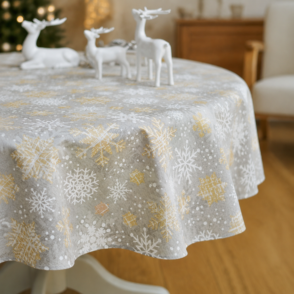 Runde Tischdecke Snowflakes mit Schneeflockenmotiv – Detail von Stoff, Saum und Originalmuster
