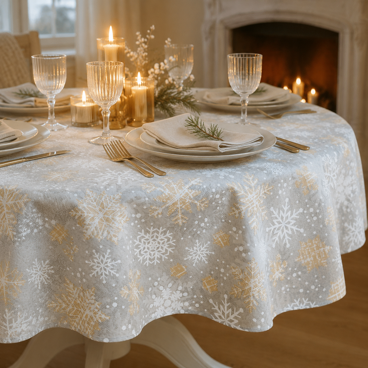 Runde Tischdecke Snowflakes mit Schneeflockenmotiv – elegante Dinner-Atmosphäre
