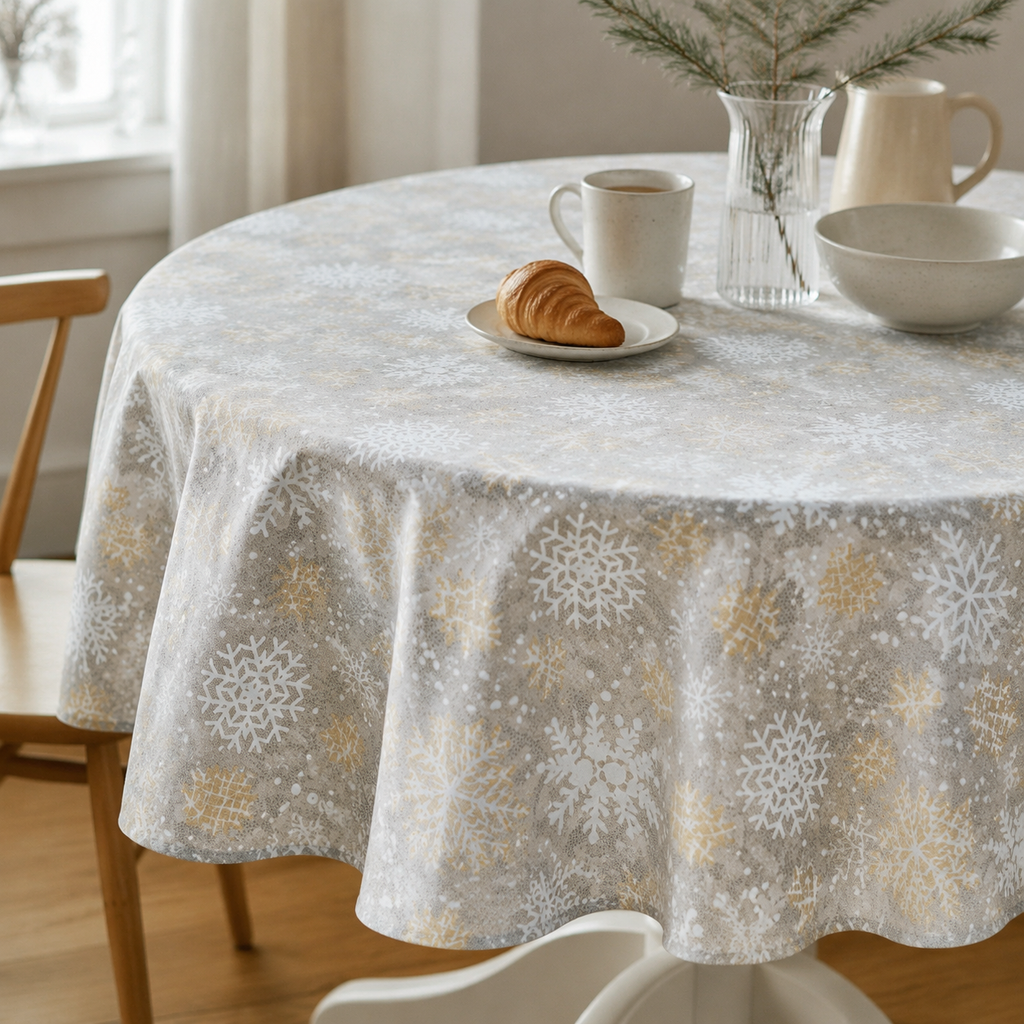 Runde Tischdecke Snowflakes mit Schneeflockenmotiv – stilvolle Frühstückstafel im Tageslicht