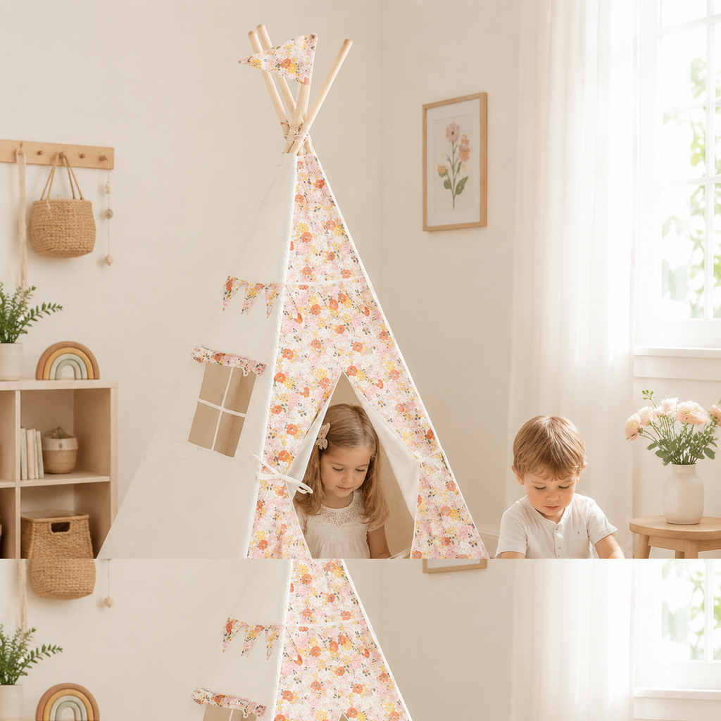 Geschwister spielen am floralen Kinder-Tipi Spring Garden