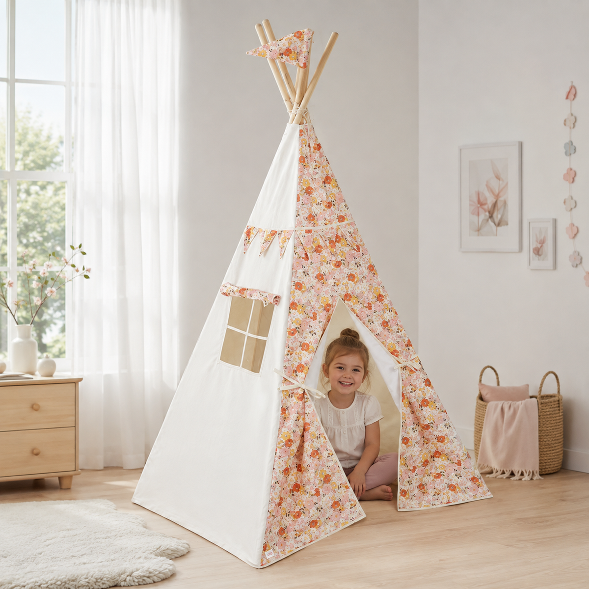 Florales Kinder-Tipi Spring Garden mit Kind im hellen Kinderzimmer