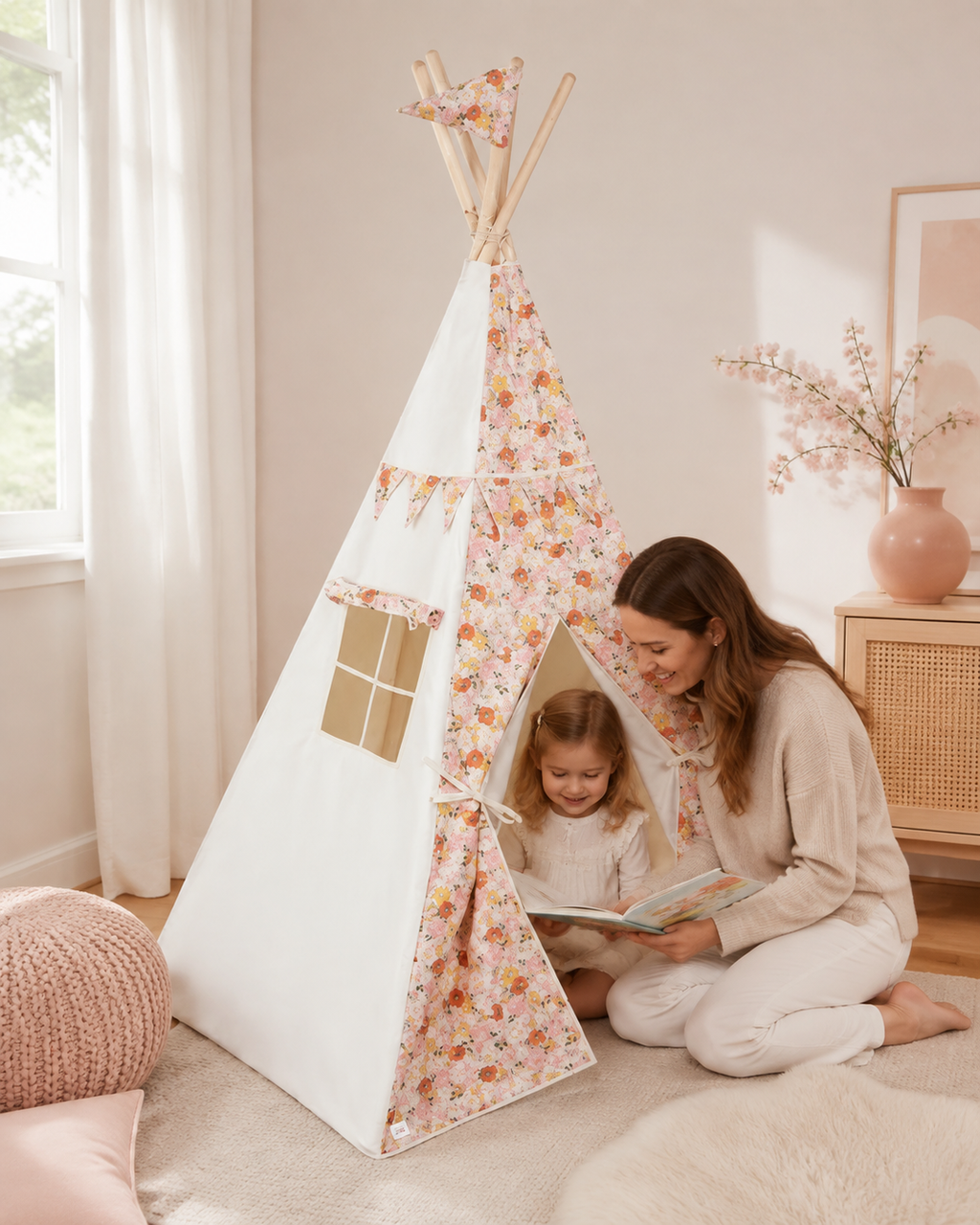 Mutter liest mit Kind am Spring Garden Kinder-Tipi