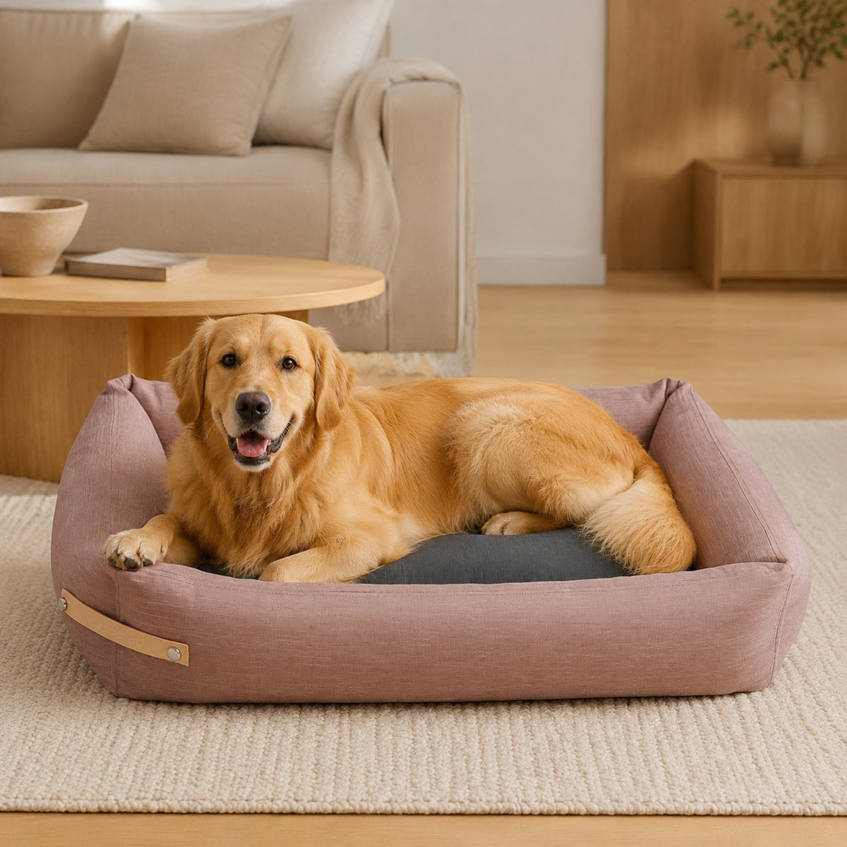 Rosa-graues Stokke Hundebett mit Golden Retriever im Wohnzimmer