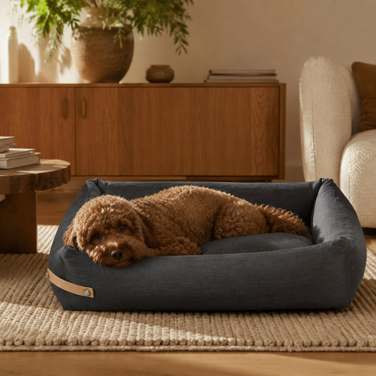 Stokke Hundebett – Grau – Elegante Wohnszene mit Haustier