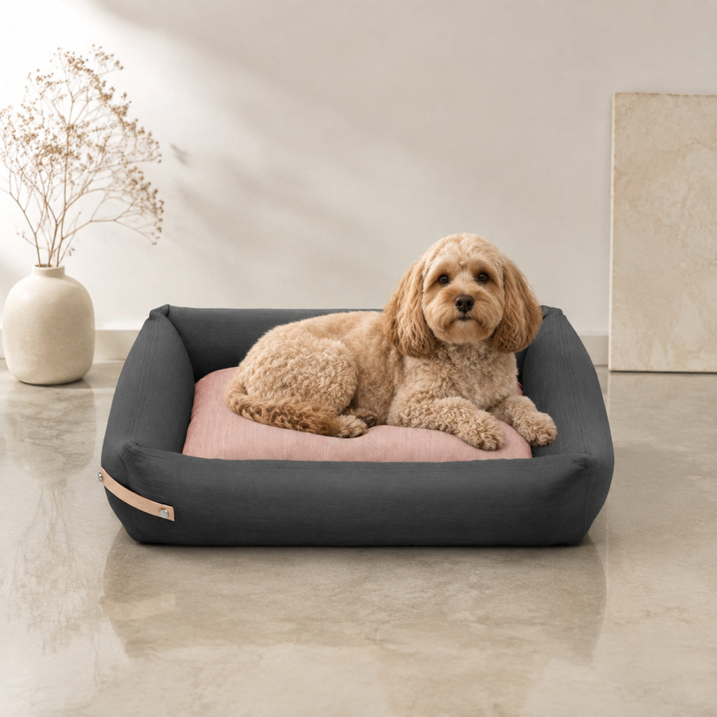 Stokke Hundebett – Grau & Rosa – Premium Studioaufnahme auf reflektierendem Boden