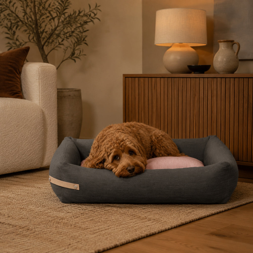 Stokke Hundebett – Grau & Rosa – Elegante Wohnszene mit Haustier