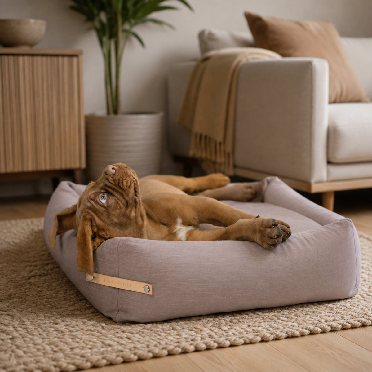 Stokke Hundebett – Rosa – Elegante Wohnszene mit Haustier