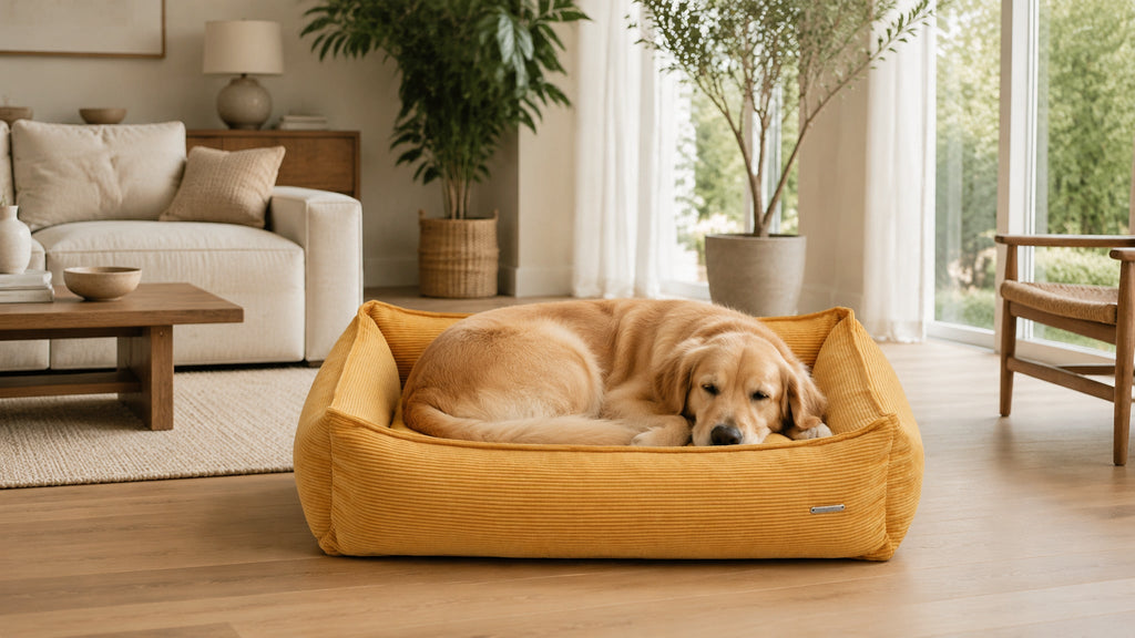Strippo Cord-Hundebett Honig mit Golden Retriever im modernen Wohnraum