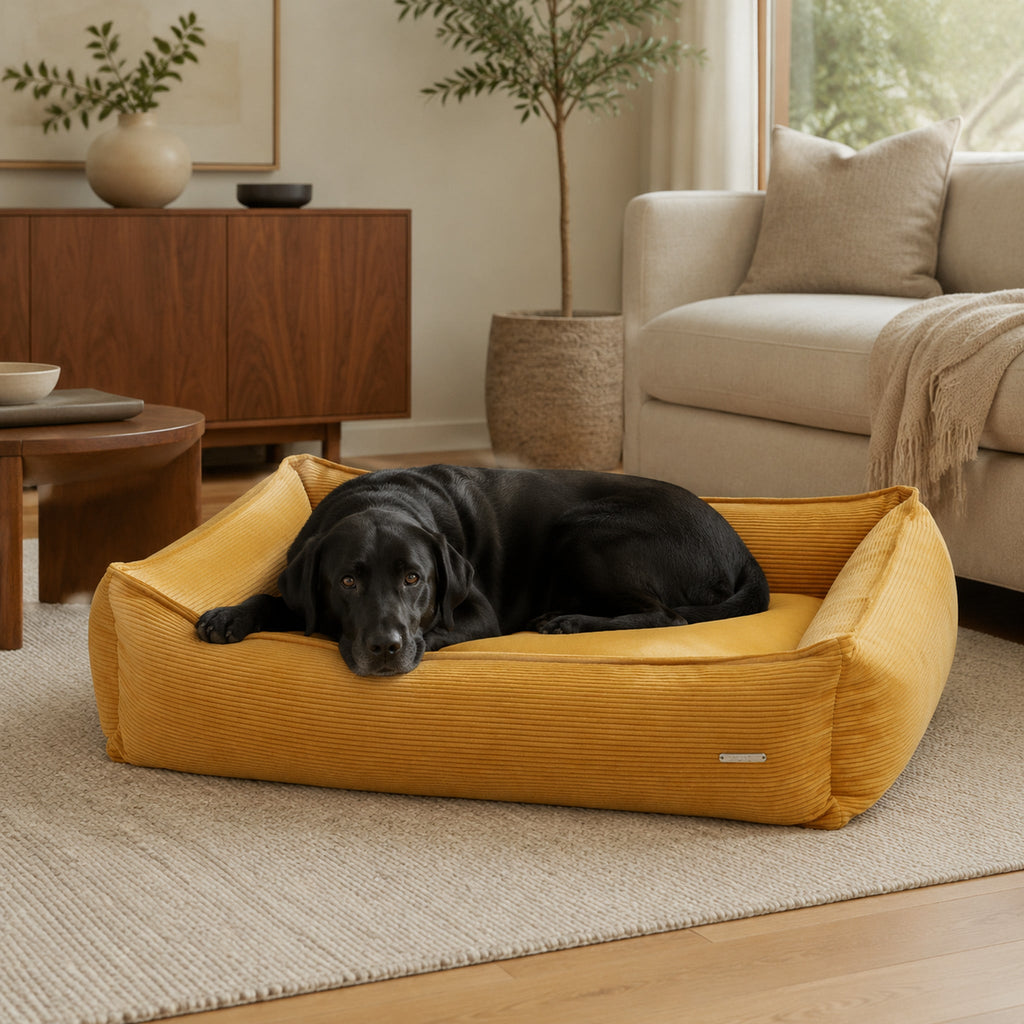 Strippo Cord-Hundebett Honig mit Labrador im eleganten Wohnzimmer