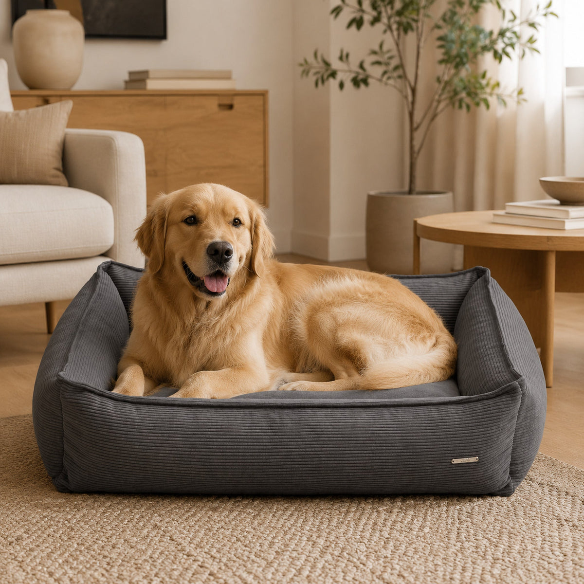 Strippo Cord Hundebett Dunkelgrau mit Golden Retriever in stilvoller Atmosphäre