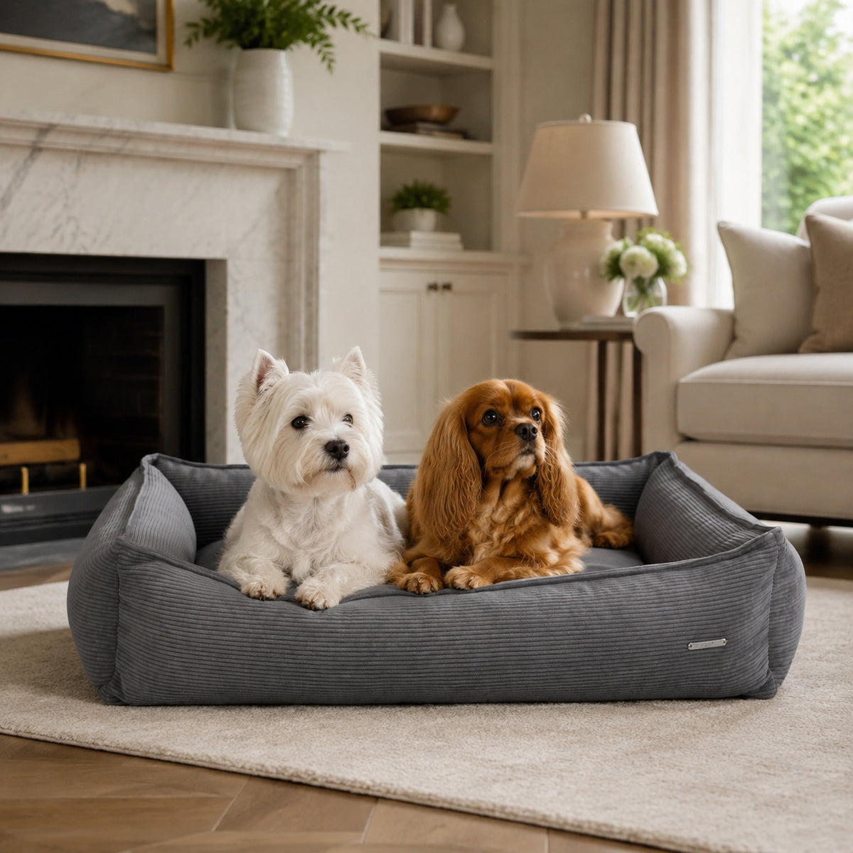 Strippo Cord Hundebett Dunkelgrau für zwei Hunde – hochwertige Lifestyle Aufnahme