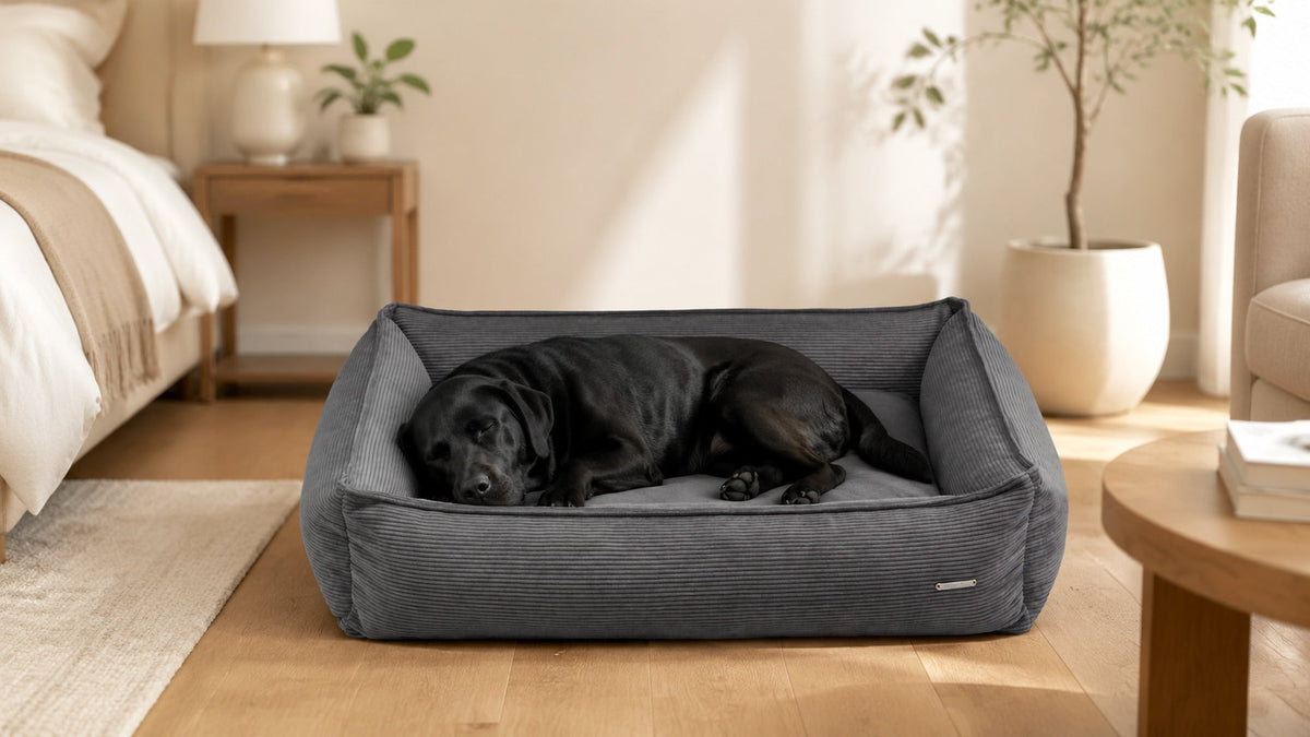 Strippo Cord Hundebett Dunkelgrau im hellen Premium Interieur – 16:9