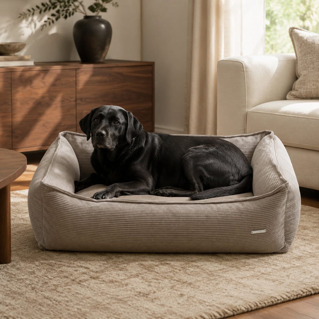 Mokkafarbenes Strippo Cord Hundebett mit Labrador im Wohnzimmer