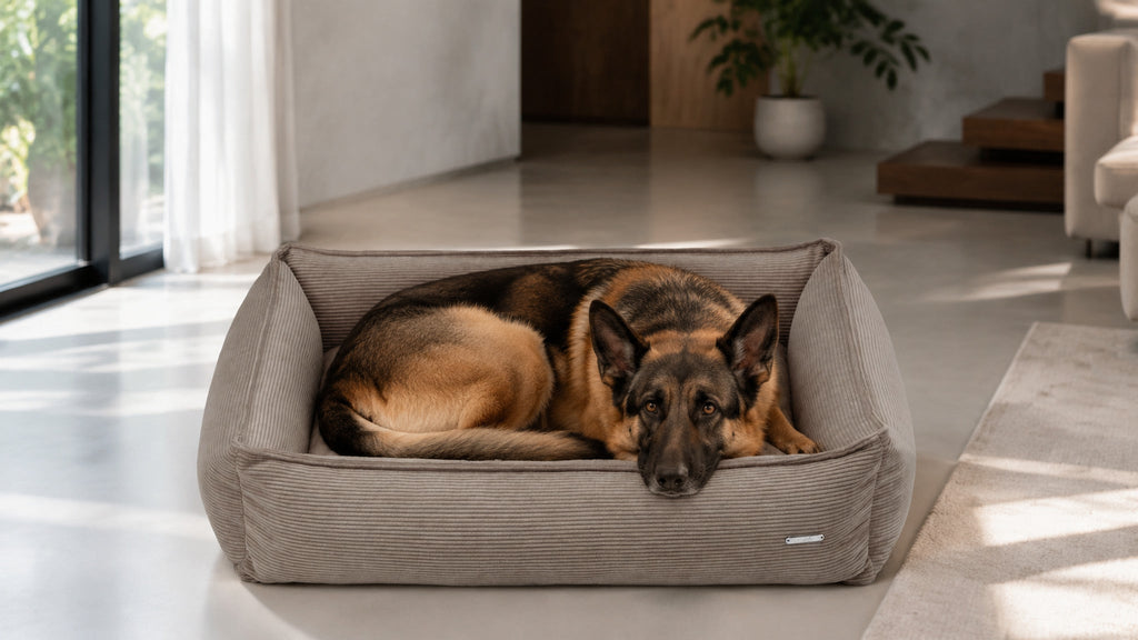 Strippo Cord Hundebett Mokka mit Schäferhund im Premium Interieur
