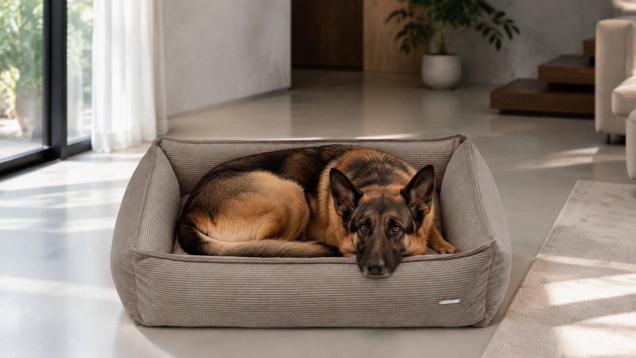 Strippo Cord Hundebett Mokka mit Schäferhund im Premium Interieur