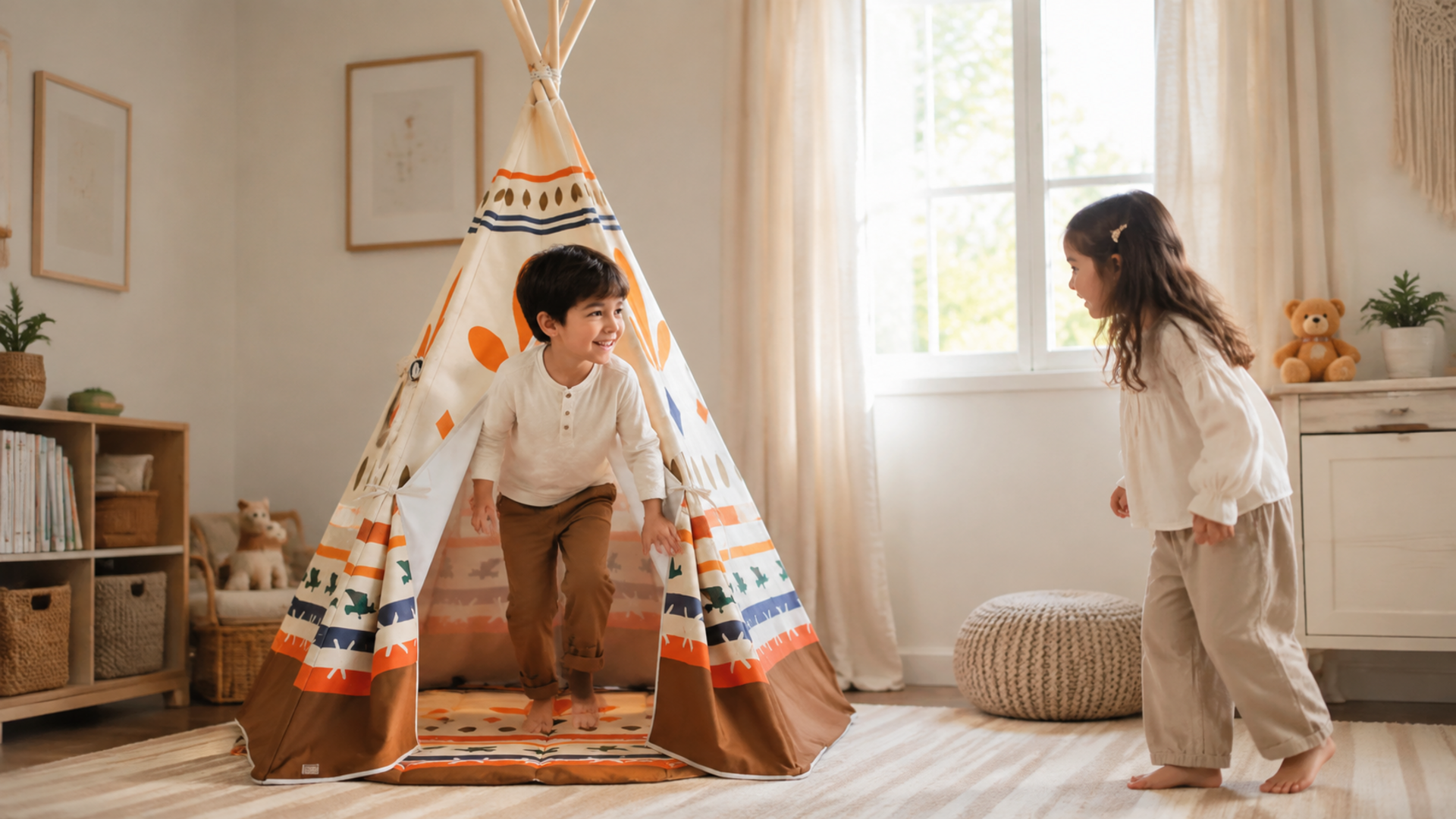 Zwei Kinder spielen am Native Vibe Tipi im Kinderzimmer
