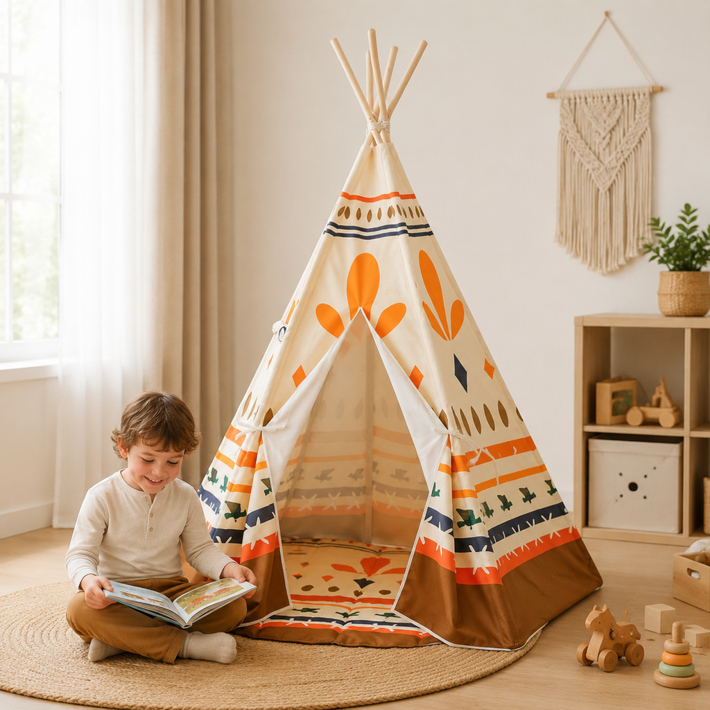 Kinder-Tipi Native Vibe mit Spielmatte und Kind im Kinderzimmer