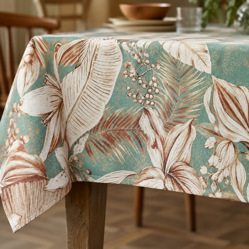 Tischdecke Terra Flora aus Baumwolle & Leinen – Detail von Stoff, Saum und Originalmuster