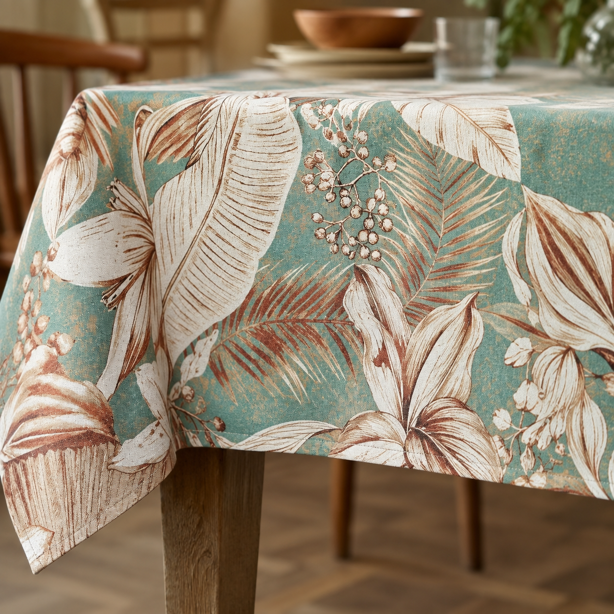 Tischdecke Terra Flora aus Baumwolle & Leinen – Detail von Stoff, Saum und Originalmuster
