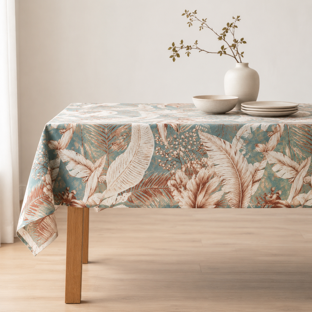 Tischdecke Terra Flora aus Baumwolle & Leinen – Premium Hauptbild im eleganten Esszimmer
