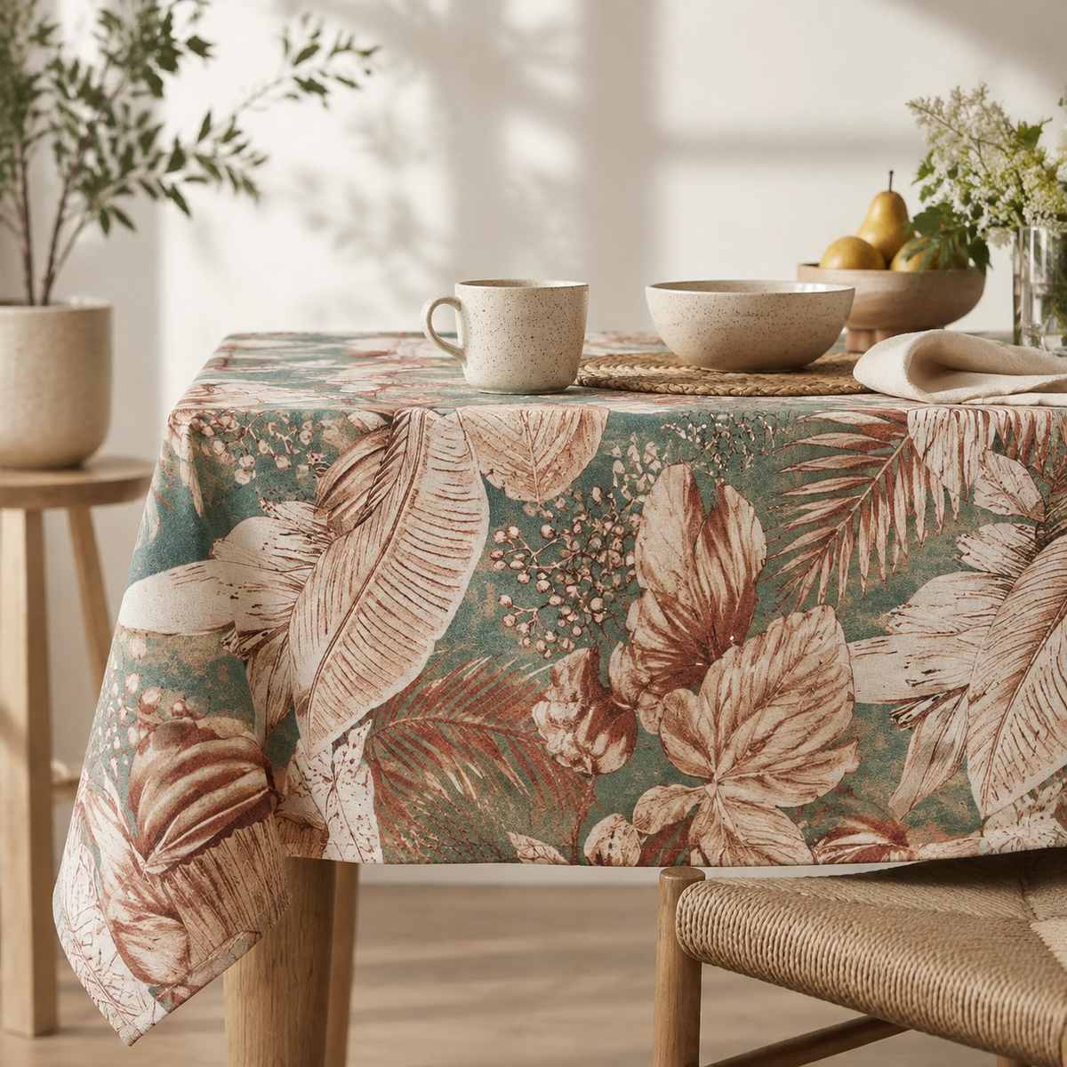 Tischdecke Terra Flora aus Baumwolle & Leinen – stilvolle Frühstückstafel im Tageslicht