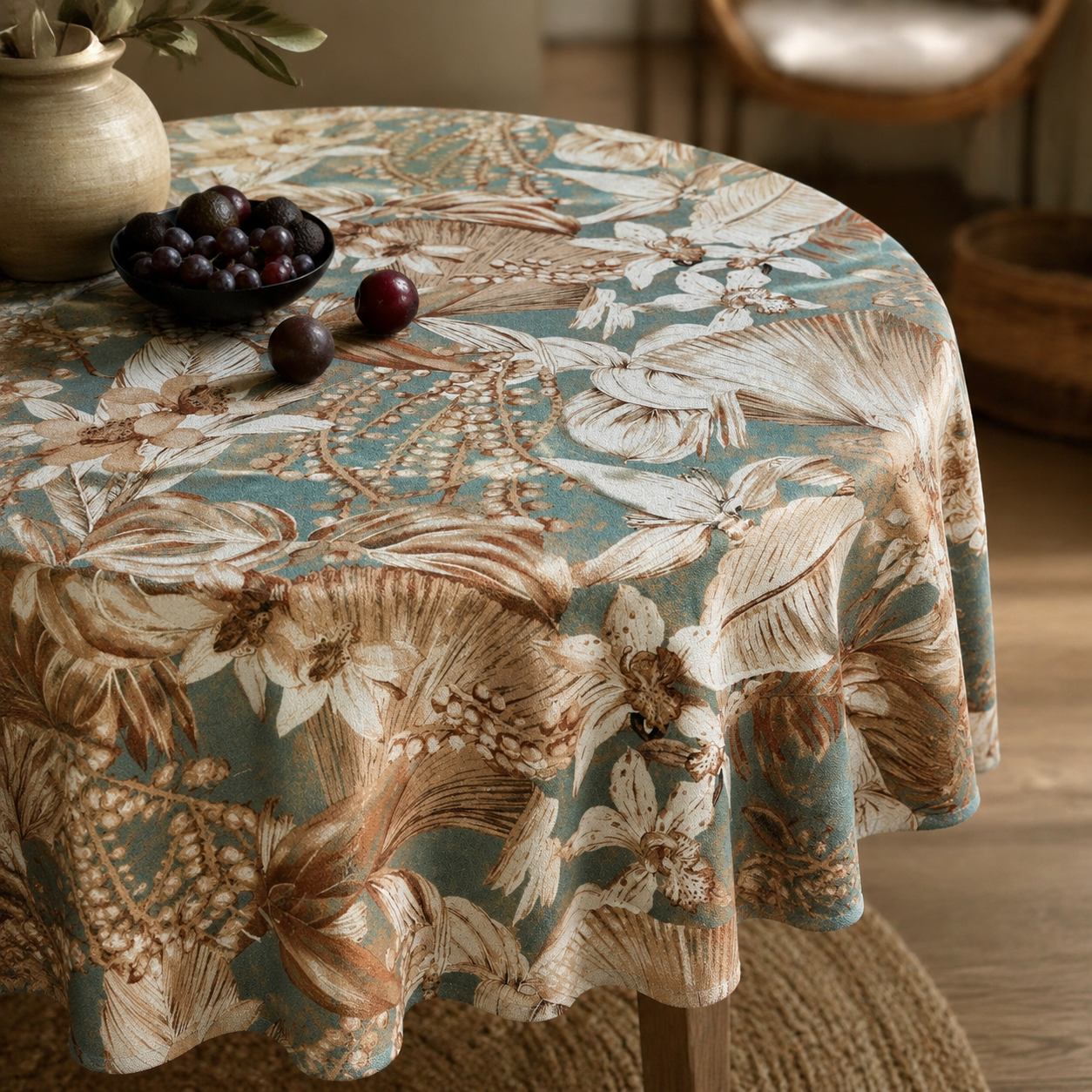Runde Tischdecke Terra Flora aus Baumwolle & Leinen – Detail von Stoff, Saum und Originalmuster