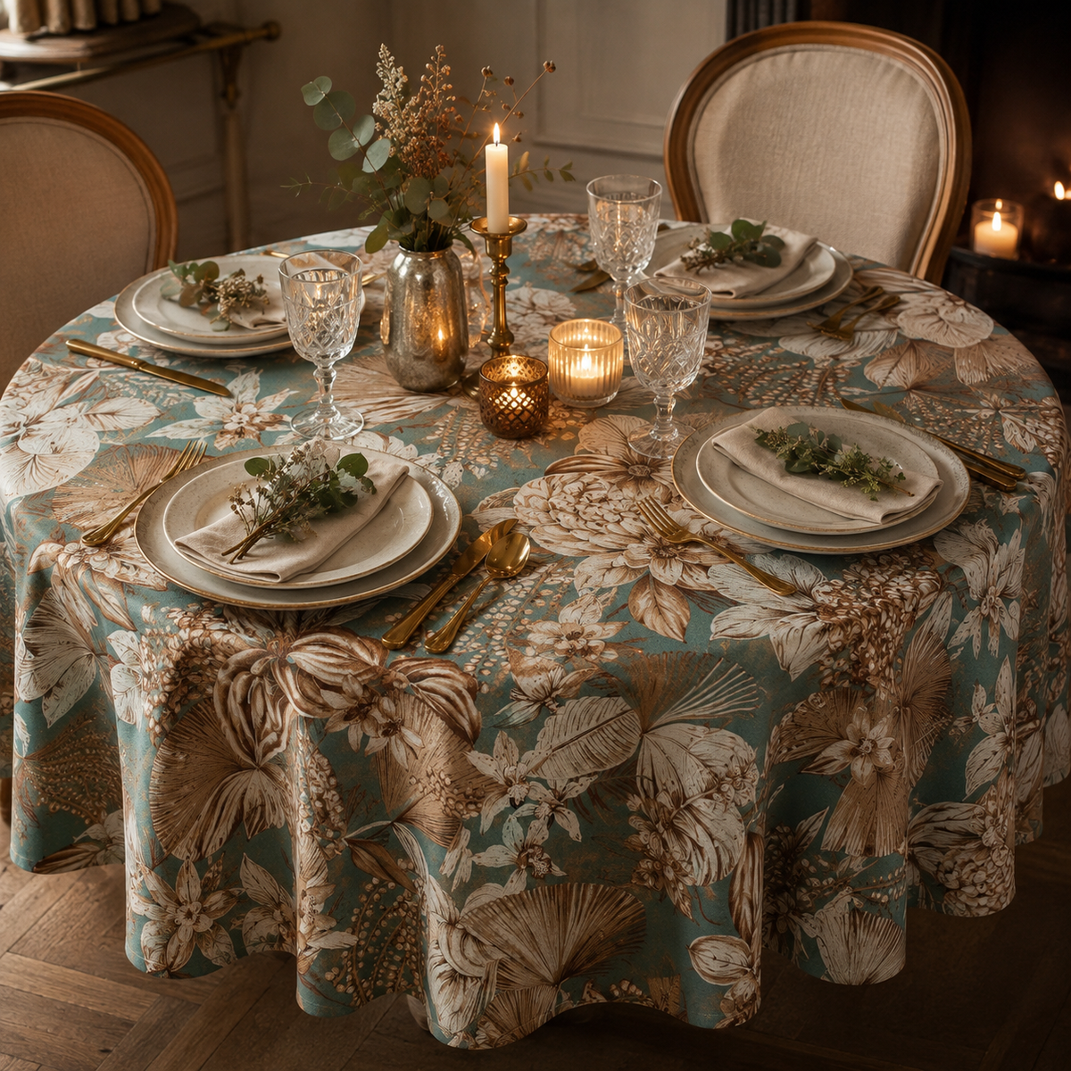 Runde Tischdecke Terra Flora aus Baumwolle & Leinen – elegante Dinner-Atmosphäre