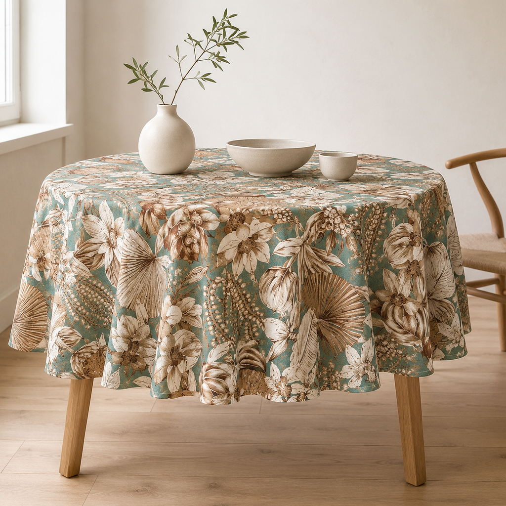 Runde Tischdecke Terra Flora aus Baumwolle & Leinen – Premium Hauptbild im eleganten Esszimmer