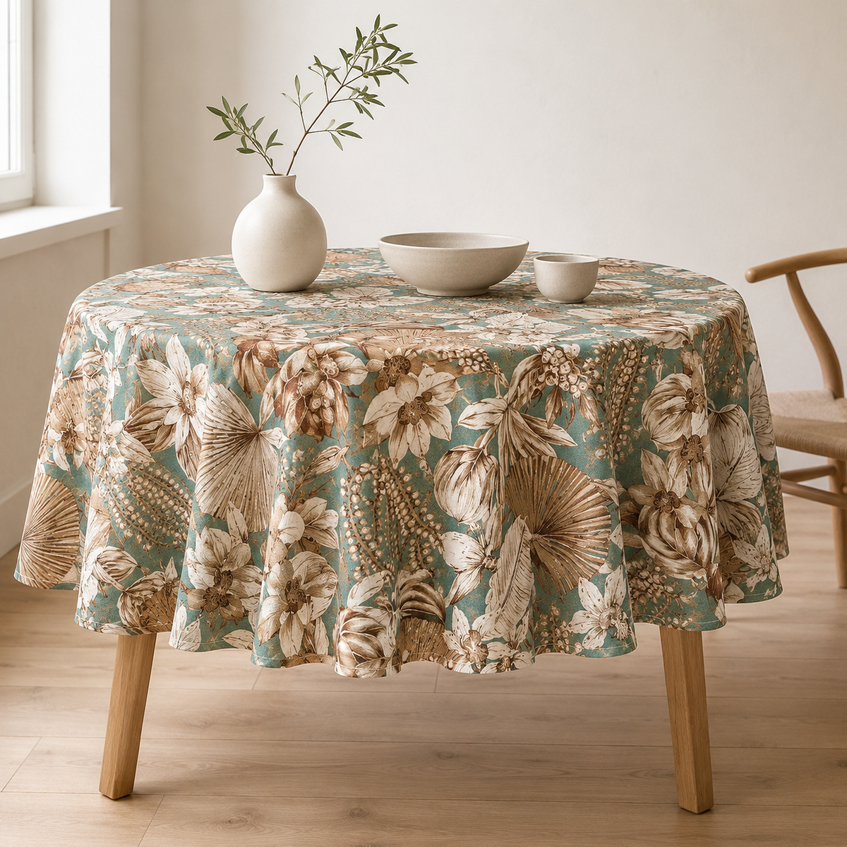 Runde Tischdecke Terra Flora aus Baumwolle & Leinen – Premium Hauptbild im eleganten Esszimmer