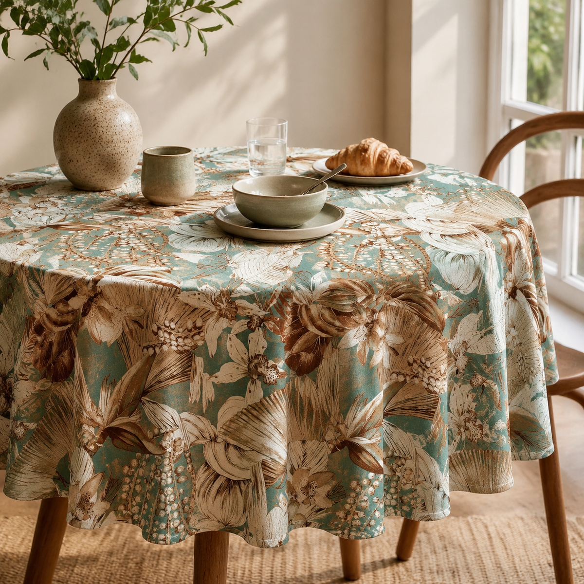 Runde Tischdecke Terra Flora aus Baumwolle & Leinen – stilvolle Frühstückstafel im Tageslicht