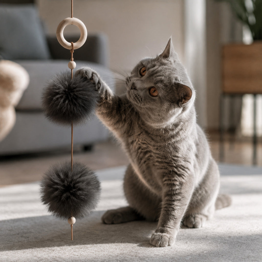 Anthrazitfarbenes Tollo Katzenspielzeug mit spielender Katze im Wohnzimmer