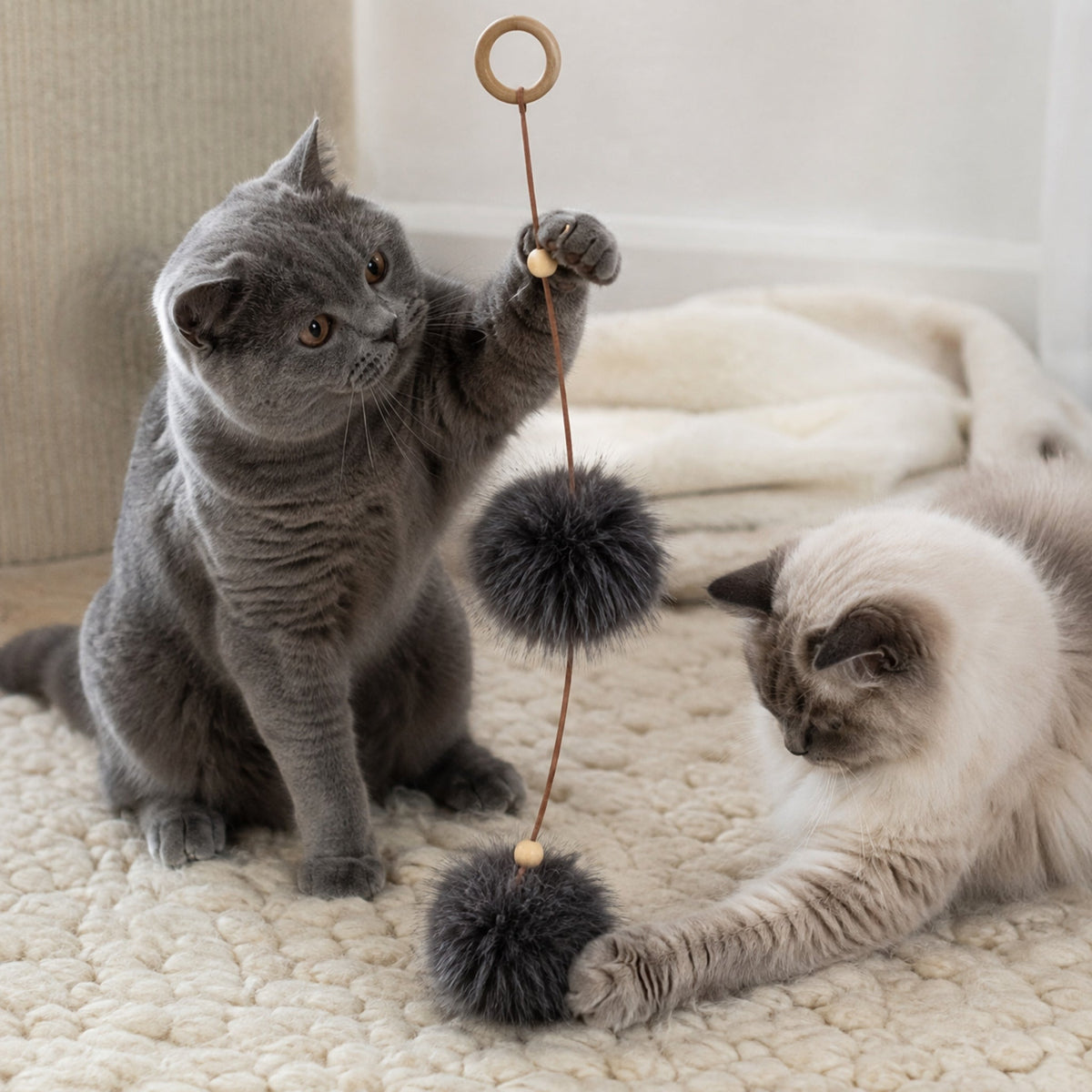 Tollo Katzenspielzeug Anthrazit mit zwei Katzen auf einem Wollteppich