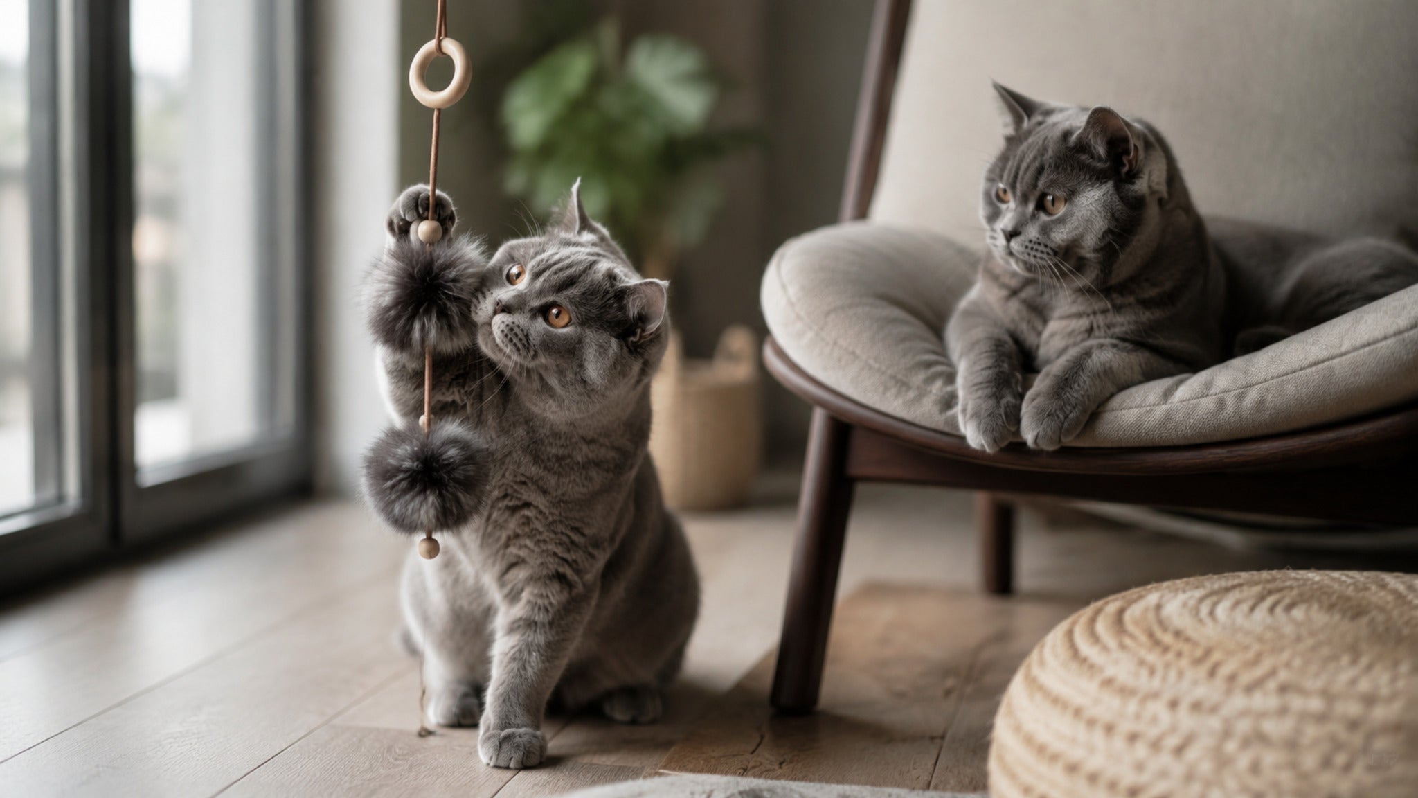 Anthrazitfarbenes Tollo Katzenspielzeug mit Katzen am großen Fenster