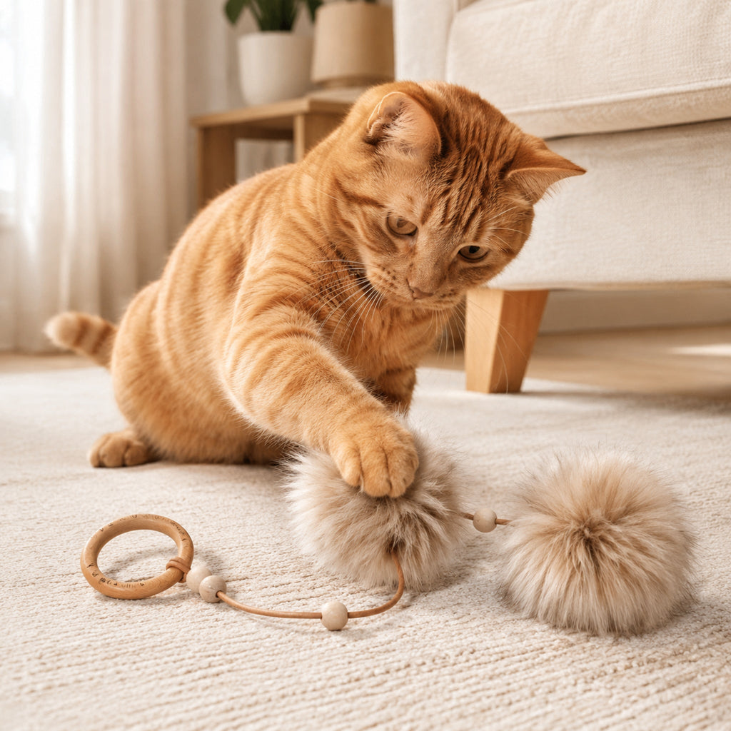 Cappuccinofarbenes Tollo Katzenspielzeug mit spielender Katze im Wohnzimmer