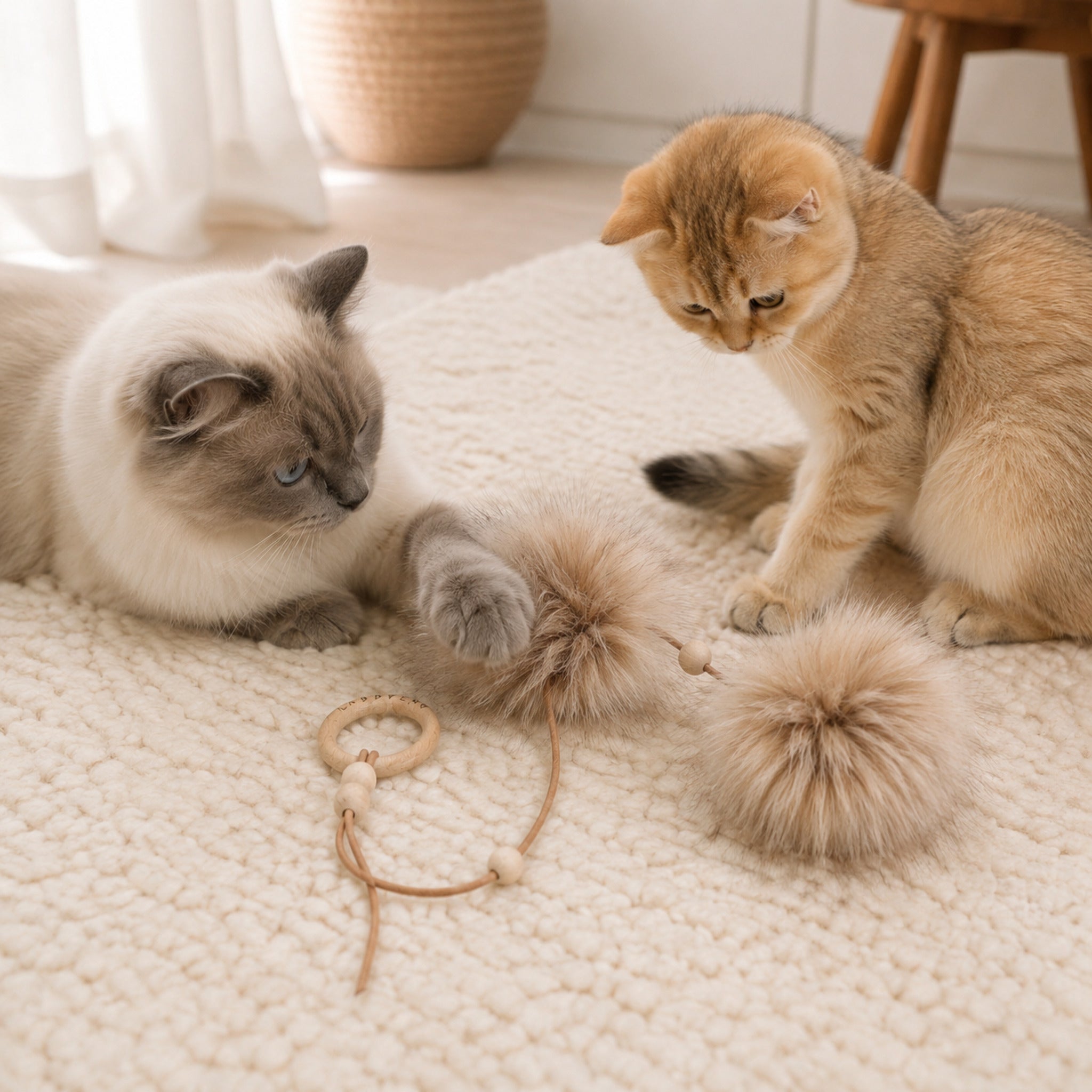 Tollo Katzenspielzeug Cappuccino mit zwei Katzen auf einem Wollteppich