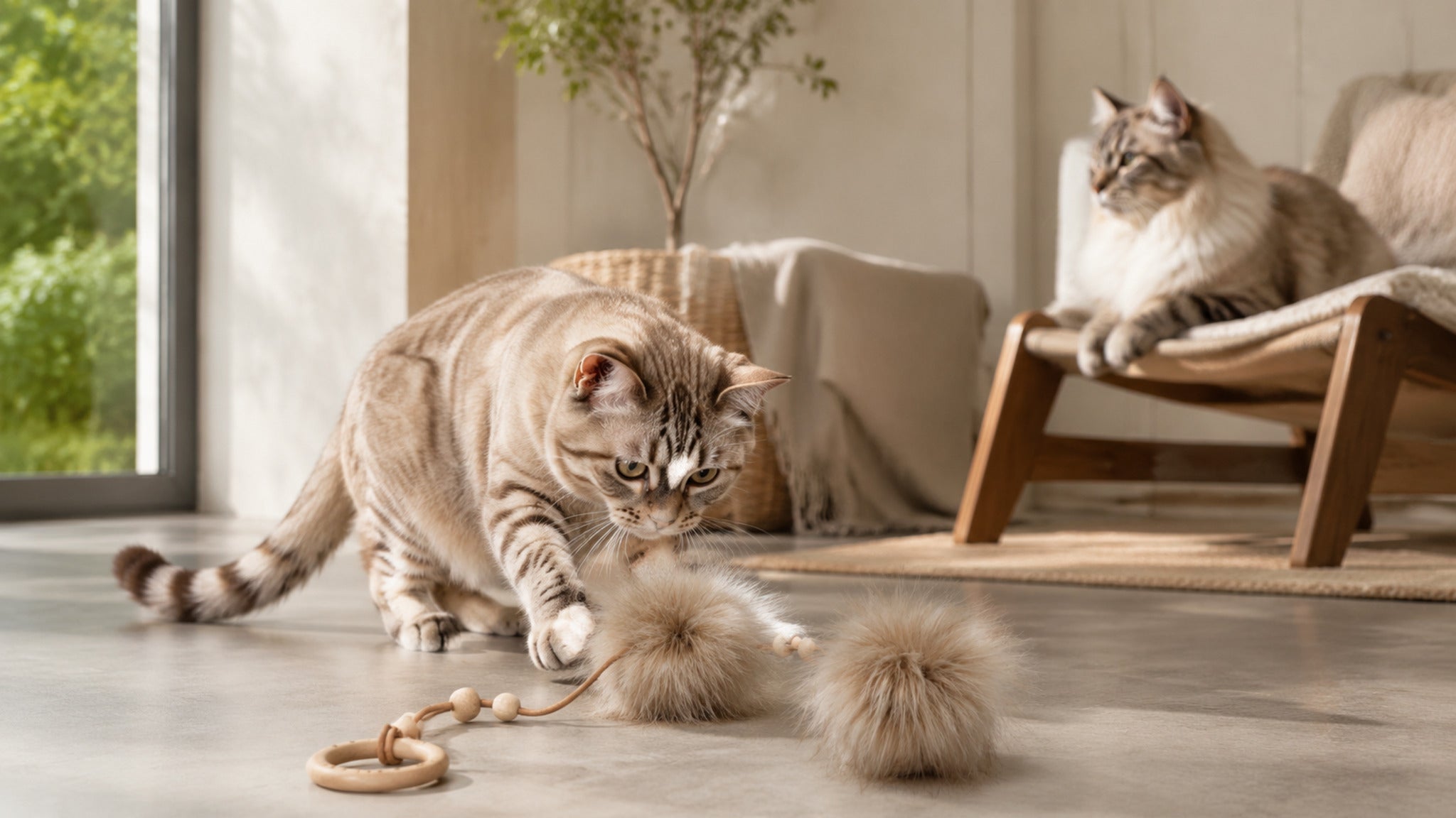 Cappuccinofarbenes Tollo Katzenspielzeug mit Katzen am großen Fenster